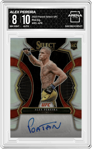 Alex Pereira from the 2023 Panini Select UFC set graded by Arena Club and given an overall grade of 8.