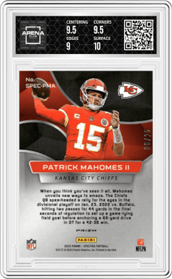 Patrick Mahomes II from the 2022 Panini Spectra set featuring a Meta  parallel and given an overall grade of 9.5.