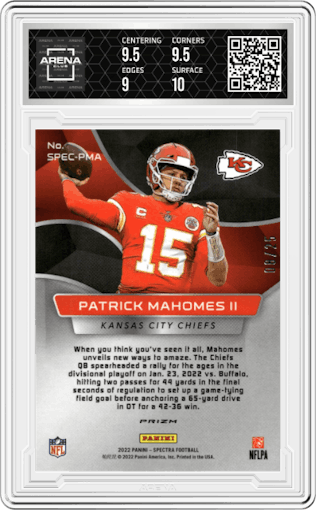Patrick Mahomes II from the 2022 Panini Spectra set featuring a Meta  parallel graded by Arena Club and given an overall grade of 9.5.