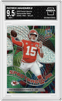Patrick Mahomes II from the 2022 Panini Spectra set featuring a Meta  parallel and given an overall grade of 9.5.