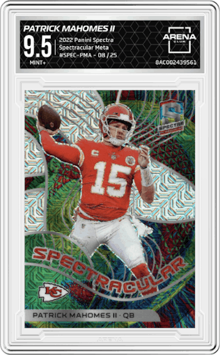 Patrick Mahomes II from the 2022 Panini Spectra set featuring a Meta  parallel graded by Arena Club and given an overall grade of 9.5.