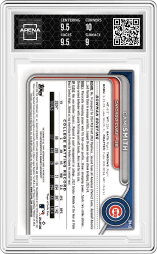 Cam Smith from the 2024 Bowman Draft set graded by Arena Club and given an overall grade of 9.5.