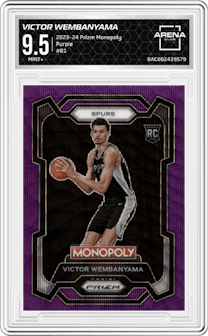 Victor Wembanyama from the 2023-24 Panini Prizm Monopoly set featuring a Purple  parallel graded by Arena Club and given an overall grade of 9.5.