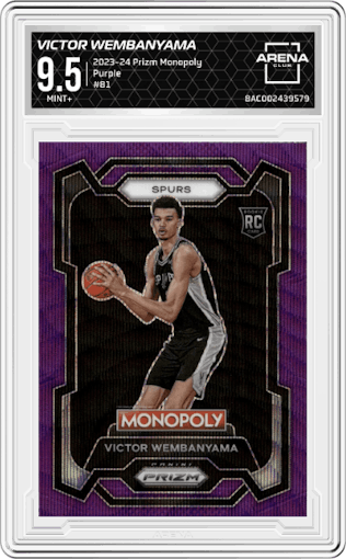 Victor Wembanyama from the 2023-24 Panini Prizm Monopoly set featuring a Purple  parallel graded by Arena Club and given an overall grade of 9.5.