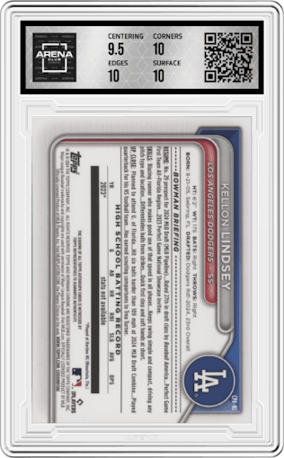 Kellon Lindsey from the 2024 Bowman Draft Sapphire Edition set graded by Arena Club and given an overall grade of 10.