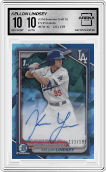 Kellon Lindsey from the 2024 Bowman Draft Sapphire Edition set graded by Arena Club and given an overall grade of 10.