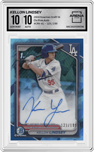 Kellon Lindsey from the 2024 Bowman Draft Sapphire Edition set graded by Arena Club and given an overall grade of 10.