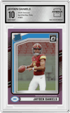 Jayden Daniels from the 2024 Donruss set featuring a Pink parallel graded by Arena Club and given an overall grade of 10.