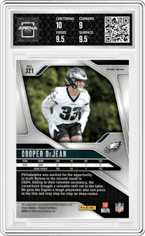 Cooper DeJean from the 2024 Panini Prizm set graded by Arena Club and given an overall grade of 9.5.
