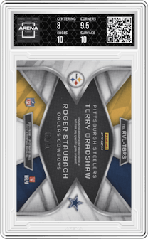Terry Bradshaw/Roger Staubach from the 2024 Panini Spectra set featuring a Neon Orange parallel graded by Arena Club and given an overall grade of 8.5.