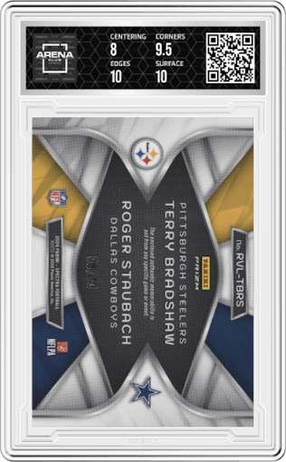 Terry Bradshaw/Roger Staubach from the 2024 Panini Spectra set featuring a Neon Orange parallel graded by Arena Club and given an overall grade of 8.5.