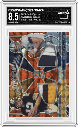 Terry Bradshaw/Roger Staubach from the 2024 Panini Spectra set featuring a Neon Orange parallel graded by Arena Club and given an overall grade of 8.5.