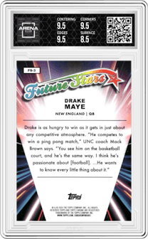 Drake Maye from the 2024 Topps Chrome set graded by Arena Club and given an overall grade of 9.