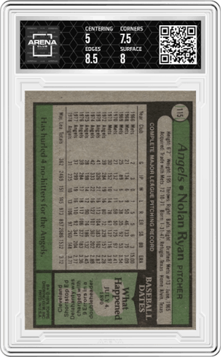 Nolan Ryan from the 1979 Topps set graded by Arena Club and given an overall grade of 5.5.