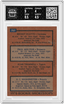 Mickey Klutts/Paul Molitor/Alan Trammell/U.L. Washington from the 1978 Topps set graded by Arena Club and given an overall grade of 4.5.