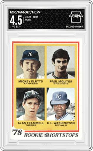 Mickey Klutts/Paul Molitor/Alan Trammell/U.L. Washington from the 1978 Topps set graded by Arena Club and given an overall grade of 4.5.