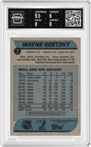 Wayne Gretzky from the 1986-87 Topps set graded by Arena Club and given an overall grade of 6.5.