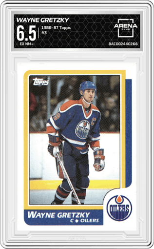 Wayne Gretzky from the 1986-87 Topps set graded by Arena Club and given an overall grade of 6.5.