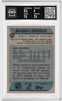 Mario Lemieux from the 1986-87 Topps set graded by Arena Club and given an overall grade of 4.5.