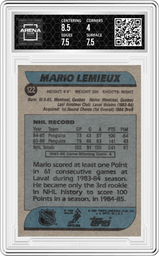 Mario Lemieux from the 1986-87 Topps set graded by Arena Club and given an overall grade of 4.5.