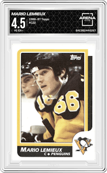 Mario Lemieux from the 1986-87 Topps set graded by Arena Club and given an overall grade of 4.5.
