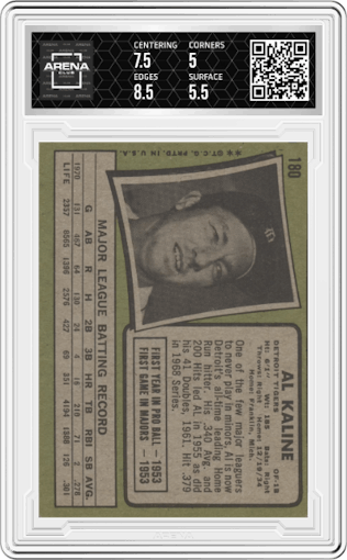 Al Kaline from the 1971 Topps set graded by Arena Club and given an overall grade of 5.5.