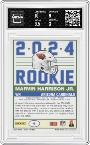 Marvin Harrison Jr. from the 2024 Panini Score set graded by Arena Club and given an overall grade of 3.5.