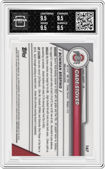 Cade Stover from the 2023 Bowman Chrome University set graded by Arena Club and given an overall grade of 9.5.