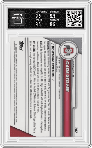 Cade Stover from the 2023 Bowman Chrome University set graded by Arena Club and given an overall grade of 9.5.