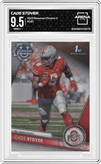 Cade Stover from the 2023 Bowman Chrome University set graded by Arena Club and given an overall grade of 9.5.