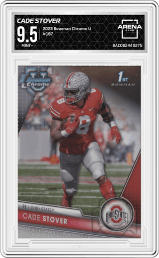 Cade Stover from the 2023 Bowman Chrome University set graded by Arena Club and given an overall grade of 9.5.