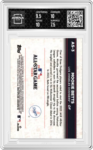 Mookie Betts from the 2024 Topps All-Star PlayBall Park Wrapper Redemption set graded by Arena Club and given an overall grade of 8.