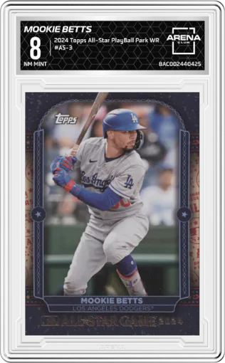 Mookie Betts from the 2024 Topps All-Star PlayBall Park Wrapper Redemption set graded by Arena Club and given an overall grade of 8.