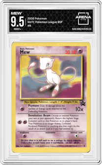 Mew from the 2000 Pokemon set featuring a Pokemon League parallel graded by Arena Club and given an overall grade of 9.5.