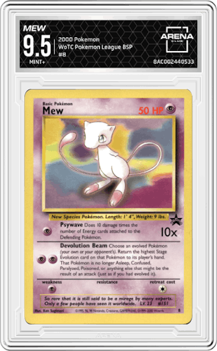 Mew from the 2000 Pokemon set featuring a Pokemon League parallel graded by Arena Club and given an overall grade of 9.5.