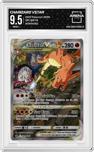 Charizard VSTAR from the 2022 Pokemon SWSH set featuring a Ultra Premium Collection parallel graded by Arena Club and given an overall grade of 9.5.