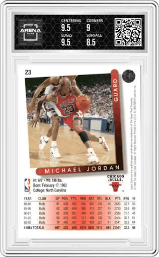 Michael Jordan from the 1993-94 Upper Deck  set graded by Arena Club and given an overall grade of 9.
