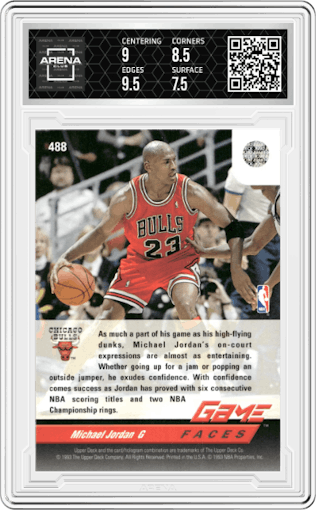 Michael Jordan from the 1992-93 Upper Deck  set graded by Arena Club and given an overall grade of 8.