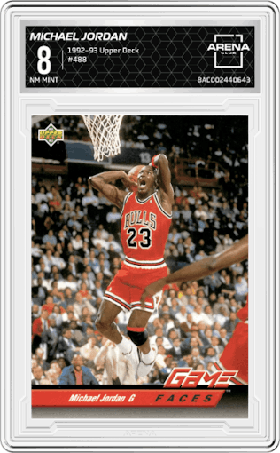 Michael Jordan from the 1992-93 Upper Deck  set graded by Arena Club and given an overall grade of 8.