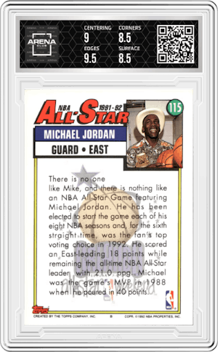 Michael Jordan from the 1992-93 Topps set graded by Arena Club and given an overall grade of 9.