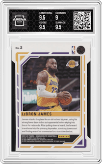 LeBron James from the 2021-22 Panini Donruss Elite  set featuring a Die-Cut Orange parallel graded by Arena Club and given an overall grade of 9.5.