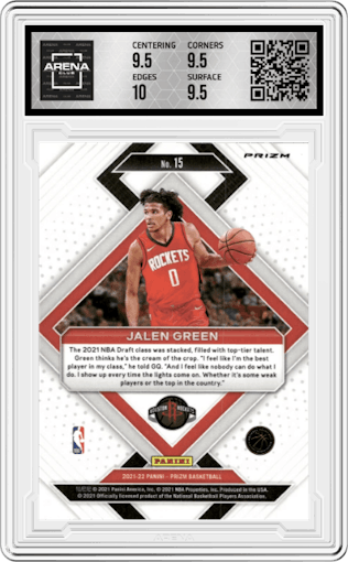 Jalen Green from the 2021-22 Panini Prizm  set featuring a Silver Prizm parallel graded by Arena Club and given an overall grade of 10.