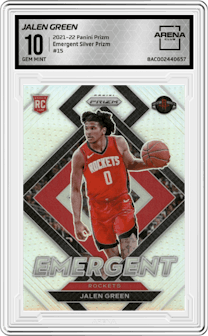 Jalen Green from the 2021-22 Panini Prizm  set featuring a Silver Prizm parallel graded by Arena Club and given an overall grade of 10.