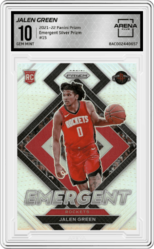 Jalen Green from the 2021-22 Panini Prizm  set featuring a Silver Prizm parallel graded by Arena Club and given an overall grade of 10.