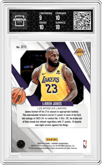 LeBron James from the 2023-24 Panini Phoenix set featuring a Blue Ice parallel graded by Arena Club and given an overall grade of 9.5.
