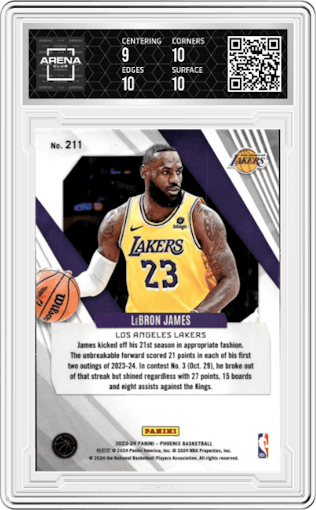LeBron James from the 2023-24 Panini Phoenix set featuring a Blue Ice parallel graded by Arena Club and given an overall grade of 9.5.