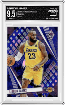 LeBron James from the 2023-24 Panini Phoenix set featuring a Blue Ice parallel graded by Arena Club and given an overall grade of 9.5.