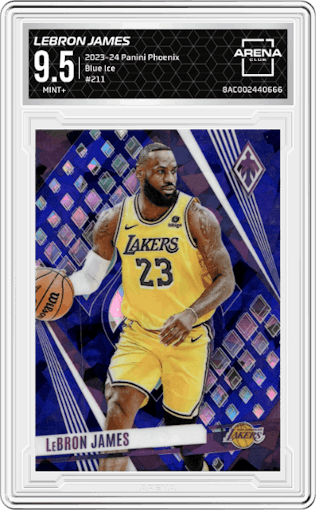 LeBron James from the 2023-24 Panini Phoenix set featuring a Blue Ice parallel graded by Arena Club and given an overall grade of 9.5.
