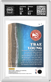 Trae Young from the 2023-24 Donruss Optic set featuring a Lime Green parallel graded by Arena Club and given an overall grade of 9.5.