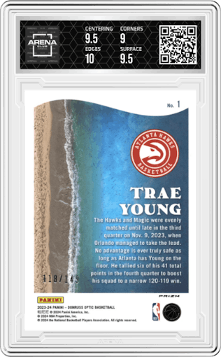 Trae Young from the 2023-24 Donruss Optic set featuring a Lime Green parallel graded by Arena Club and given an overall grade of 9.5.